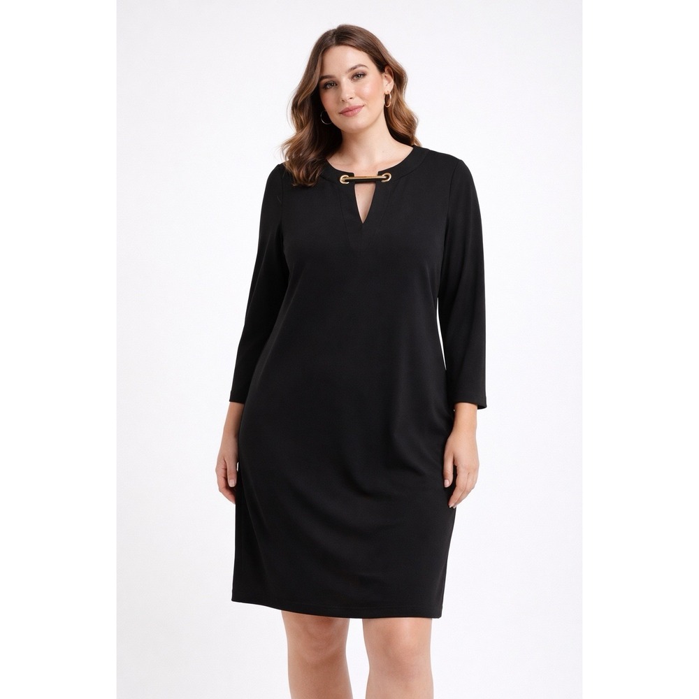 Michael Kors Black Shift M Dress Gold Bar Neck Long Sleeve Classic Casual Chic